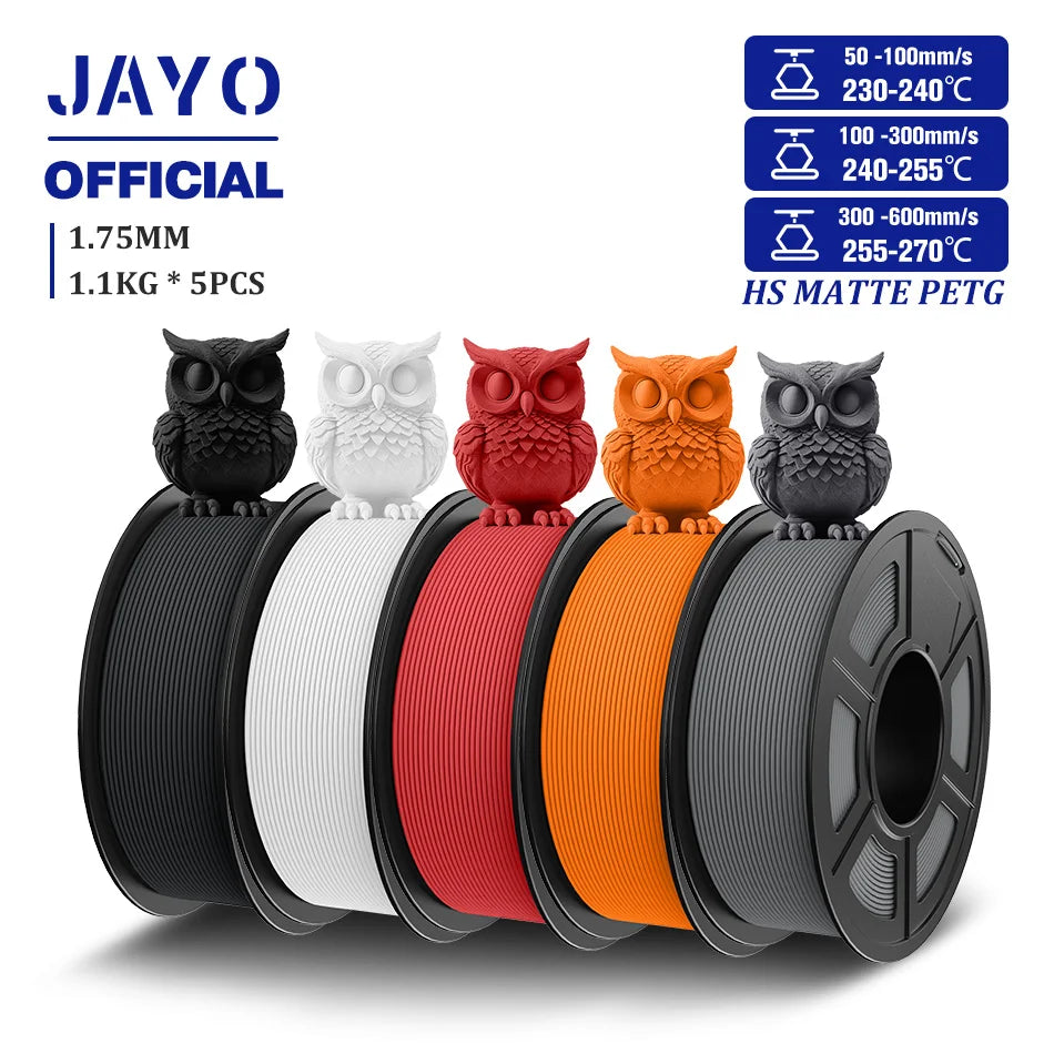 JAYO 5Rolls PETG Filament 1.75mm High Speed PETG 3D Printer Filament 1.1KG/Roll High Flow Speedy Matte 3D Printing Materials