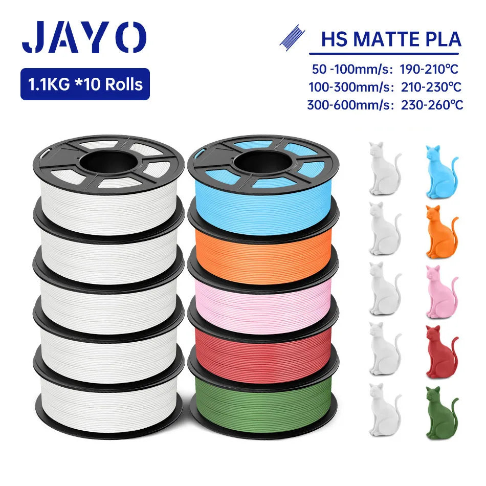 JAYO PLA Classic 3D Printer Filament 1.75mm High Speed Matte PLA 3D Filament 10Rolls/set Neatly Wound Matte Effect 1.1KG/Roll
