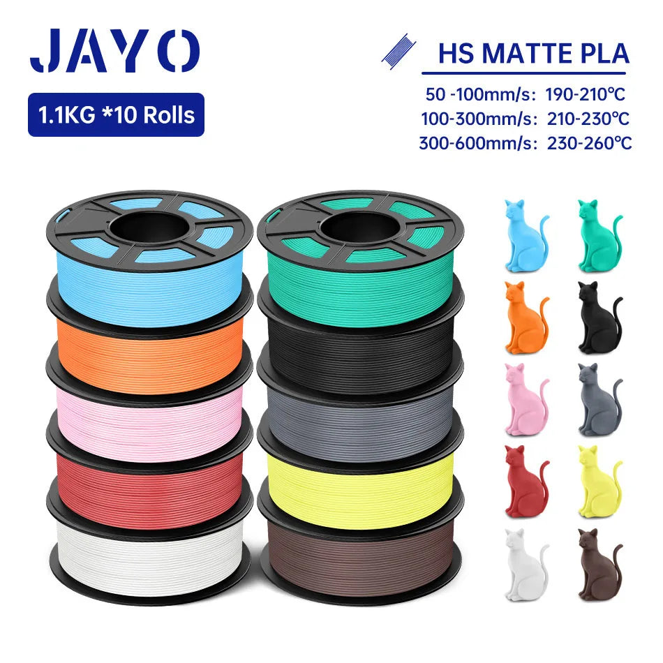 JAYO PLA Classic 3D Printer Filament 1.75mm High Speed Matte PLA 3D Filament 10Rolls/set Neatly Wound Matte Effect 1.1KG/Roll