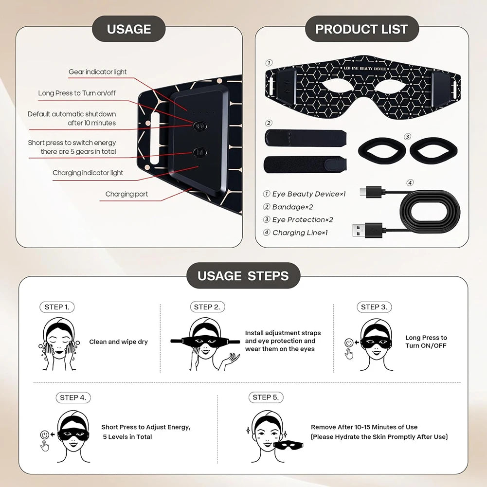 LED Red Infrared Light Eye Mask 630nm 850nm Red Light Therapy with 5 Modes Adjust Massage for Relieve Eye Bag Dark Circle Tool