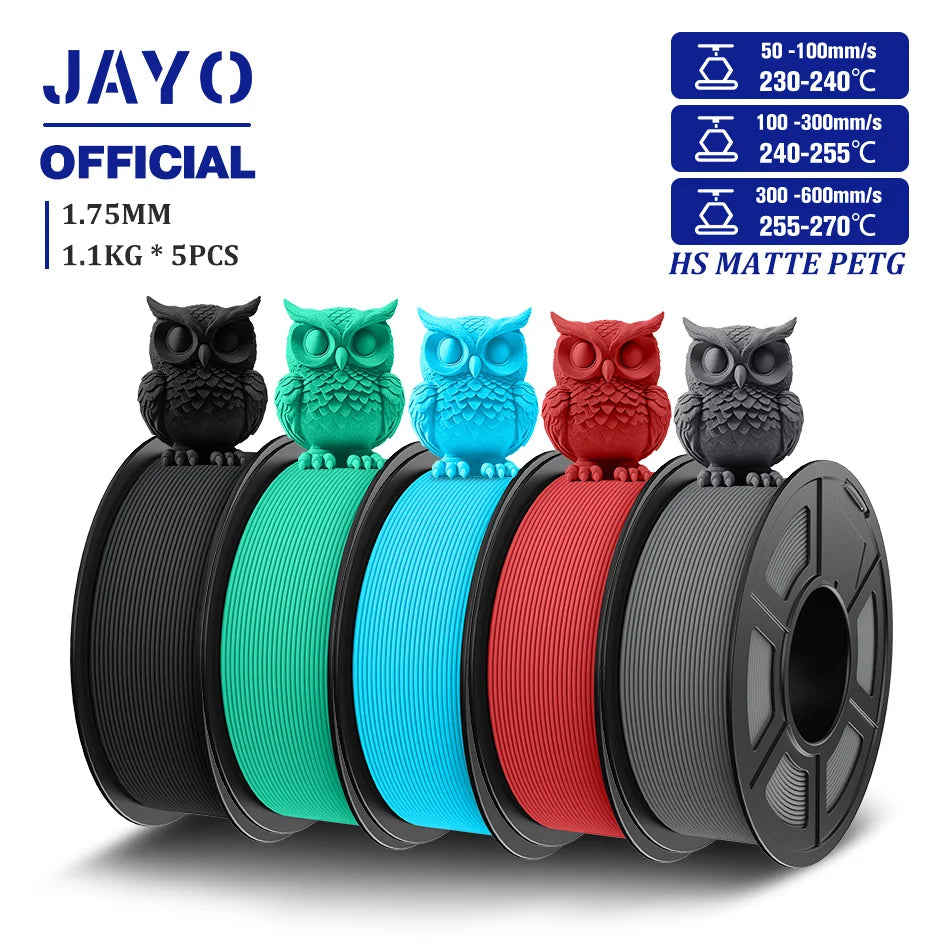 JAYO 5Rolls PETG Filament 1.75mm High Speed PETG 3D Printer Filament 1.1KG/Roll High Flow Speedy Matte 3D Printing Materials