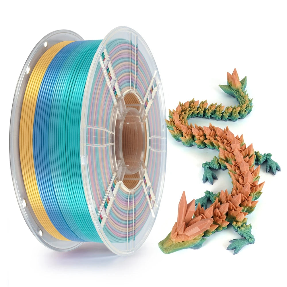 KINGROON Silk PLA Plastic 1kg 1.75mm, New Multicolor Gradient 3D Printer Filament Rainbow PLA Color Chnage, Transparent Spool