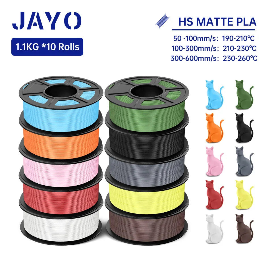JAYO PLA Classic 3D Printer Filament 1.75mm High Speed Matte PLA 3D Filament 10Rolls/set Neatly Wound Matte Effect 1.1KG/Roll
