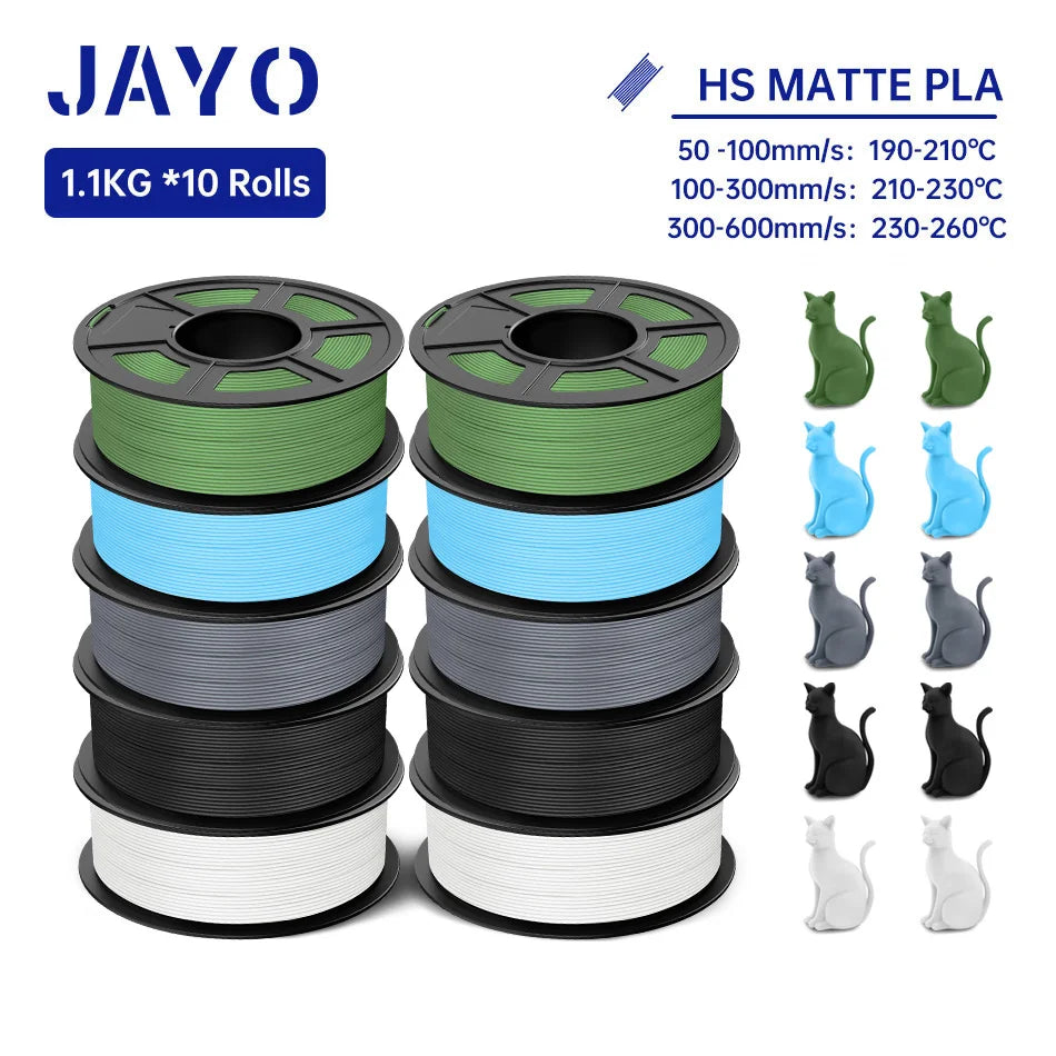 JAYO PLA Classic 3D Printer Filament 1.75mm High Speed Matte PLA 3D Filament 10Rolls/set Neatly Wound Matte Effect 1.1KG/Roll