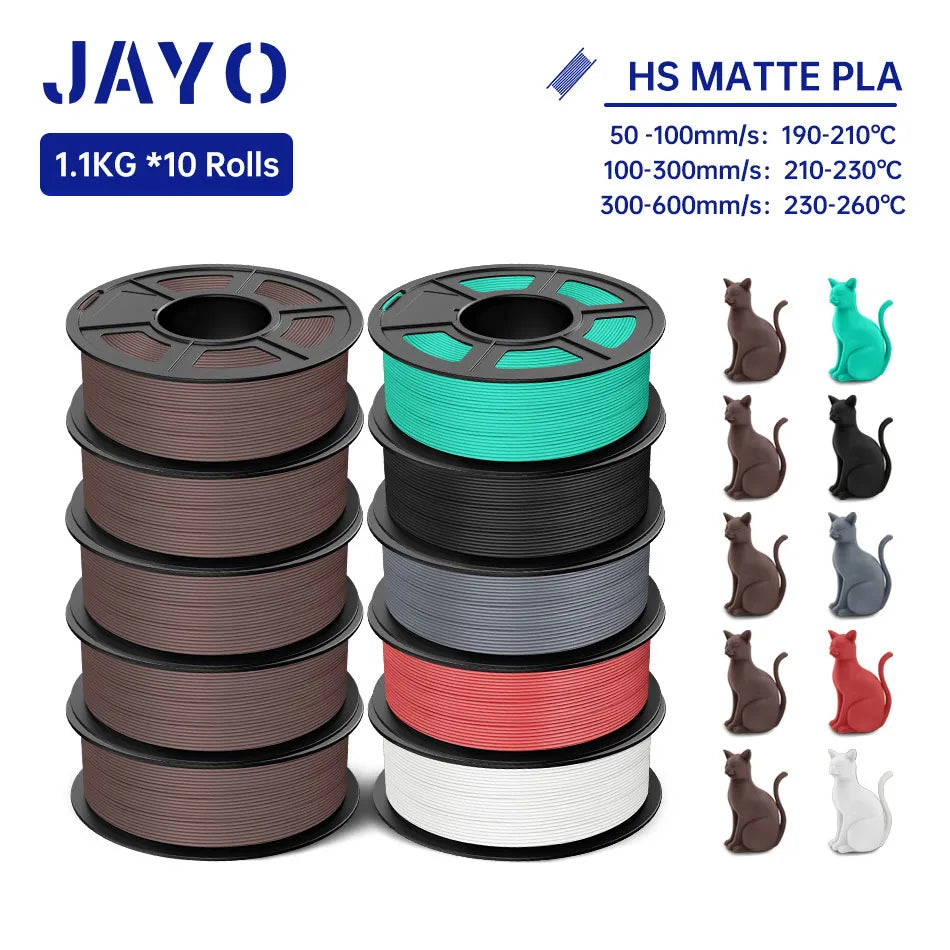 JAYO PLA Classic 3D Printer Filament 1.75mm High Speed Matte PLA 3D Filament 10Rolls/set Neatly Wound Matte Effect 1.1KG/Roll