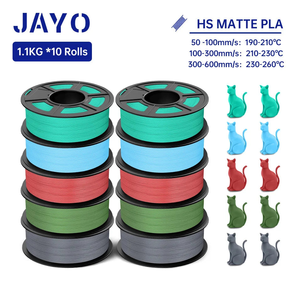 JAYO PLA Classic 3D Printer Filament 1.75mm High Speed Matte PLA 3D Filament 10Rolls/set Neatly Wound Matte Effect 1.1KG/Roll