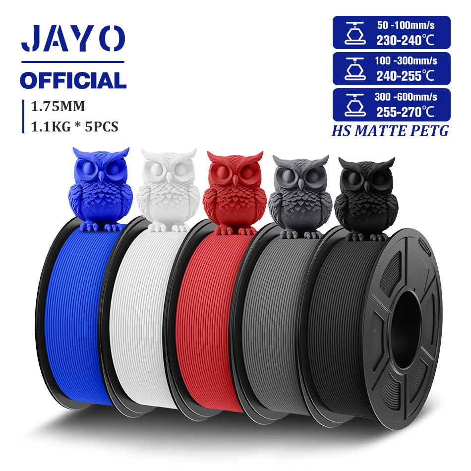 JAYO 5Rolls PETG Filament 1.75mm High Speed PETG 3D Printer Filament 1.1KG/Roll High Flow Speedy Matte 3D Printing Materials