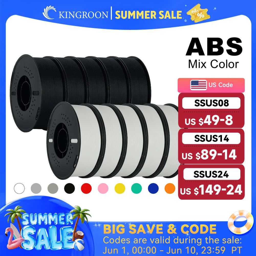 KINGROON 5KG(11LBS) ABS Filament 1.75mm High Strength Toughness 3D Printer Material Black White Multicolor ABS 1kg*5 Roll