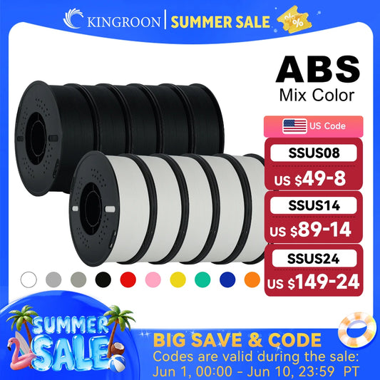 KINGROON 5KG(11LBS) ABS Filament 1.75mm High Strength Toughness 3D Printer Material Black White Multicolor ABS 1kg*5 Roll