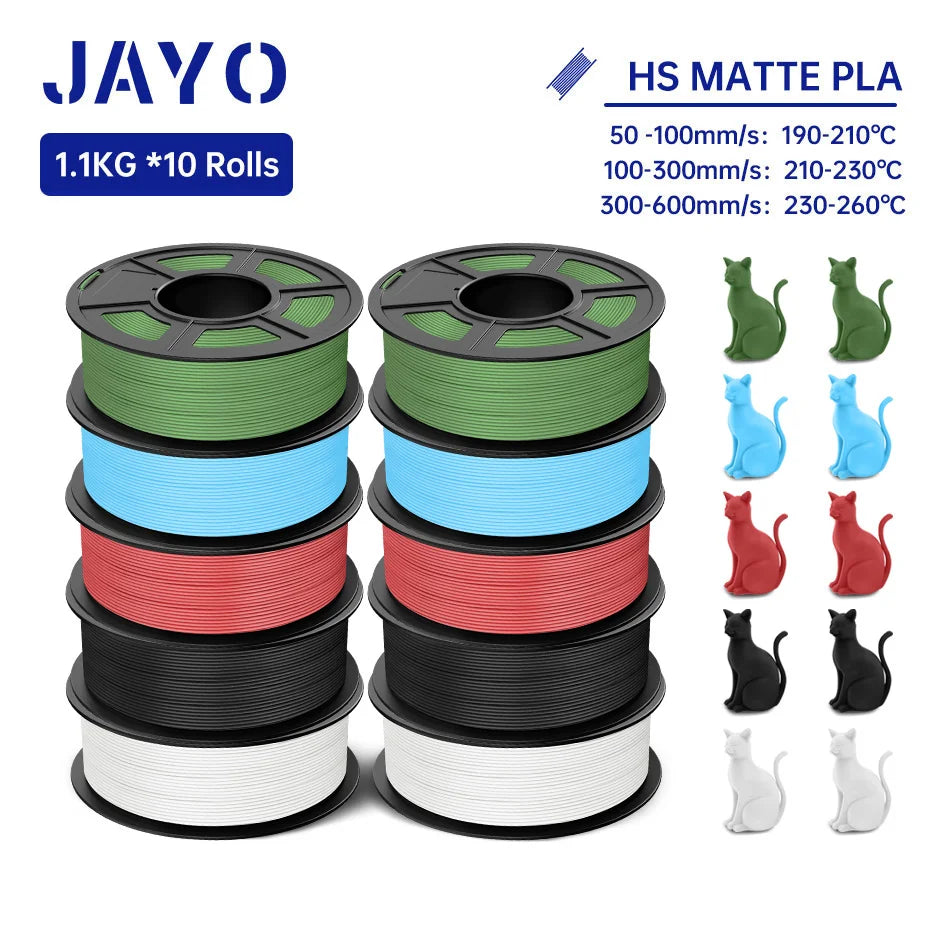 JAYO PLA Classic 3D Printer Filament 1.75mm High Speed Matte PLA 3D Filament 10Rolls/set Neatly Wound Matte Effect 1.1KG/Roll