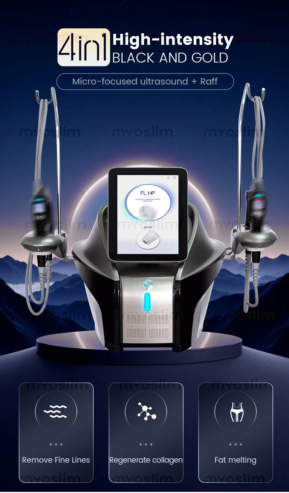 Black Gold 4 in 1 Ultrasounc RF Beauty Device for Facial Laxity Lines Removal Skin Rejuvenation Fat Melting Equipment